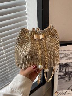 Bird in Bag - Glamorous Decorative Faux Pearl and Rhinestone Bucket Bag with Chain, Ideal for Weddings, Proms, and Parties Bag With Chain, Bird In Bag, Save The Planet, Gold Details, Evening Bags, Faux Pearl, Bucket Bag, Pu Leather, Bag Lady