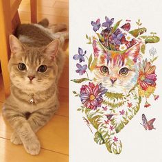 a cat sitting on the floor next to an image of a cat with flowers and butterflies