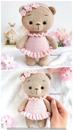 a crocheted teddy bear in a pink dress