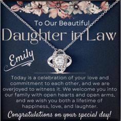 a daughter in law necklace with the message to our beautiful daughter in law on it