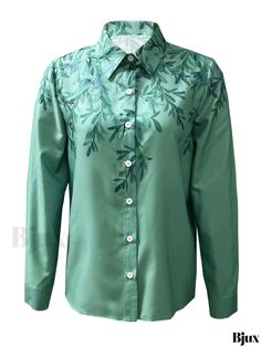 Bjux - Botanical Print Button-Up Long Sleeve Shirt for Women, Stylish and Sophisticated Womens Apparel Green Button-up Formal Top, Green Button-up Top For Formal Occasions, Green Formal Button-up Top, Green Printed Shirt For Workwear, Green Printed Shirt For Work, Formal Green Button-up Top, Elegant Printed Green Shirt, Spring Formal Printed Tops, Green Printed Workwear Shirt