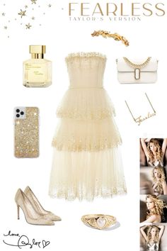 a white dress with gold accessories is featured in this ad for the perfume company fearless