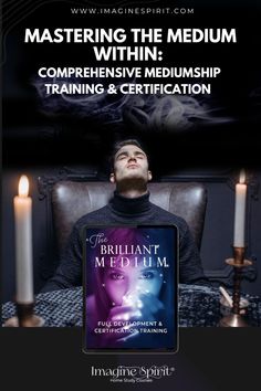 a man sitting in a chair with candles around him and the words, mastering the medium within