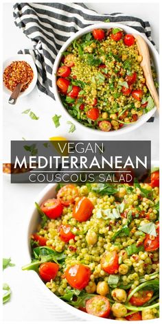 vegan mediterranean couscous salad in a white bowl