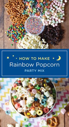 rainbow popcorn party mix in a bowl with the title how to make rainbow popcorn party mix