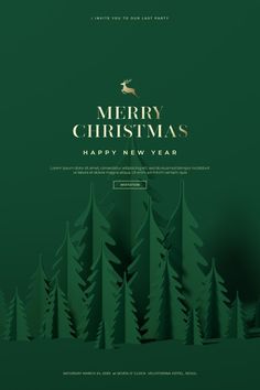 a green christmas card with trees in the background