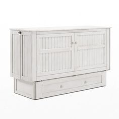 a white cabinet with two drawers on one side