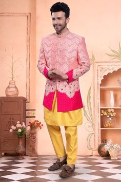 Looking for a unique and stylish sherwani? Check out our Mens Sherwani- U2-S402. With mirror, sequin, and beads embroidery, this piece will surely make you stand out. In a one-of-a-kind color combo. Traditional Pink Bandhgala With Chikankari Embroidery, Pink Bandhgala With Resham Embroidery For Eid, Pink Sherwani With Zari Work For Festivals, Pink Sherwani With Mirror Work For Designer Wear, Pink Sherwani With Mirror Work For Festivals, Bollywood Style Pink Sherwani With Mirror Work, Festive Pink Sherwani With Zari Work, Pink Bandhgala With Zari Work For Eid, Pink Mirror Work Sherwani For Festivals