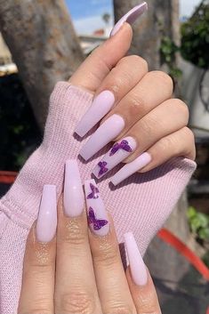 Light Purple Nails, Natural Nail Art, Purple Acrylic Nails, Unique Acrylic Nails, Nails 2020, Butterfly Nail