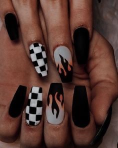 Cute Nail Designs Dark Colors, Racing Inspired Nails, Nails For Tomboys, Simple Edgy Nails Black, Black And Pastel Nails, Car Show Nails, Racer Nails, Short Fire Nails, Short Fake Nail Ideas