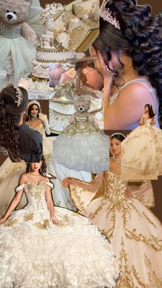 a collage of photos with dolls dressed in wedding gowns and teddy bears on them