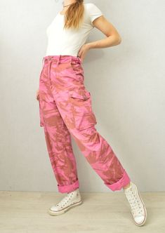 "Vintage Pink Camo Pants High Waisted Straight Leg Unisex - XS S M L High waisted British military camo pants reworked by us in house! Lightweight comfortable material with a straight leg cut and fully adjustable waistband. It comes in internally and also has external buttons on the side so you can really alter it to fit your body shape on the day! - Genuine British army pants, reworked - Proper deep pockets with drawstrings at the ankles so you can wear them 3 ways: loose, tight or rolled up (a Pink Camo Pants, Wolf Clothing, Army Pants, Military Pants, Pants High Waisted, British Military, Work Trousers, Camo Pants, Pink Camo