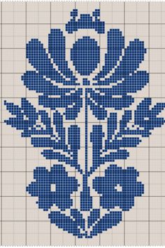 a cross stitch pattern with blue flowers and leaves