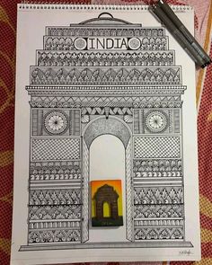 a drawing of the india gate in new york city, with a clock on it