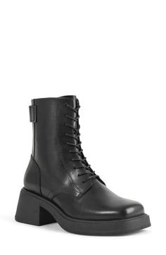 A square toe is balanced by a flared block heel in this modernized combat boot. 2 1/4" heel 6 1/4" shaft Lace-up style; side zip closure Leather upper and lining/synthetic sole Imported Edgy Black Combat Boots With Zipper Closure, Black Lace-up Boots With Reinforced Heel And Square Toe, Vagabond Combat Boots, Black Lace-up Combat Waterproof Boots, Black Lace-up Boots With Buckle Closure, Womens Combat Boots, Up Styles, Boot Shoes Women, New Shoes