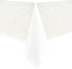 a white table cloth with lace on it