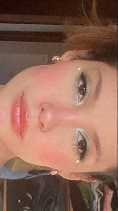 Fairy Makeup Aesthetic Green, Cool Tone Fall Makeup, Stages Of Makeup Application, Green Makeup Eye Looks, Fun Neutral Eye Makeup, Eye Rhinestones Make Up Simple, Green Makeup Inspiration, Boho Makeup Aesthetic, Sparkle Green Eye Makeup