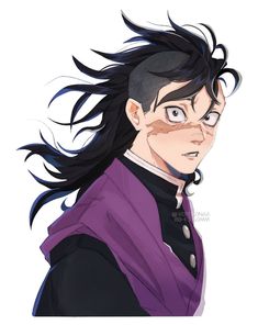 an anime character with long black hair wearing a purple outfit and looking at the camera