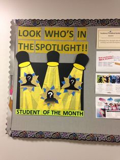 a bulletin board with pictures on it that says, look who's in the spotlight student of the month