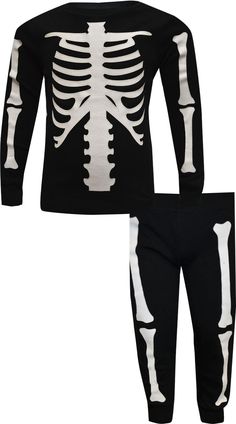 Just for the fun of it!! These pajamas for toddlers feature the bones of a skeleton on a black background. These cotton blend jammies have black ribbed cuffs at the wrist and ankles. They also have a wide elastic waist. Machine washable and easy care. Girls Loungewear, Toddler Pajamas, A Skeleton, Kids Pajamas, In The Dark, Black Background, Glow In The Dark, Black Backgrounds, Pajama Set