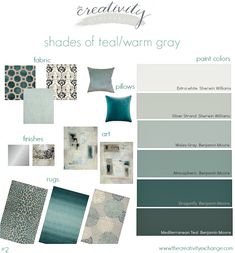 the shades of teal and gray are featured in this color scheme for home decor