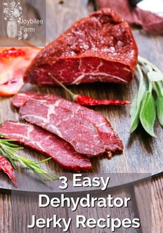 raw meat on a cutting board with herbs and tomatoes next to the butcher's knife