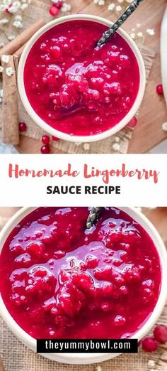 homemade linguinberry sauce recipe in a white bowl on a wooden table with spoons