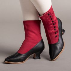 Manhattan Victorian Cloth-Top Button Boots are based on original antique button boots in museum collections and our own archive of historic footwear. They feature true historical functionality with a 9-button closure paired with cotton canvas uppers and French heels for a snazzy look. Wear Manhattan button boots with l Classic Boots With Buttons And Round Toe, French Heels, American Duchess, Button Boots, Antique Buttons, French Blue, Pig Skin, Leather Collar, Museum Collection