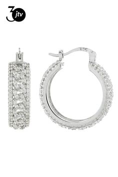 Bella Luce�� white diamond simulant 2.88ctw round, rhodium over sterling silver hoops. Measures approximately 0.81" L x 0.25" W and has saddle back backings. The diamond equivalent weight 1.75ctw. Diamond Simulant, Sterling Silver Hoops, Silver Hoops, White Diamond, Cubic Zirconia, Sterling Silver, Silver