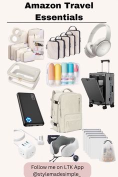 an advertisement for the amazon travel essentials product line, including headphones and other items