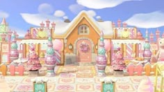 an animated image of a pink and yellow house with lots of decorations on the front