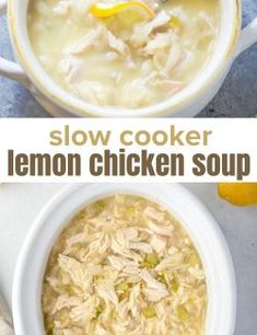 two bowls filled with lemon chicken soup on top of a table