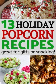 holiday popcorn recipes that are great for gifts or snacking with text overlays