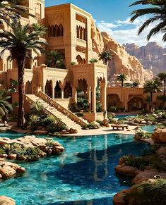 an artist's rendering of a palace in the desert with water and palm trees