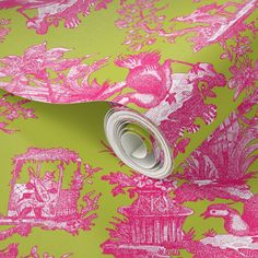 pink and green toiler wallpaper with white trim