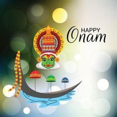 happy onam greeting card with boat and decoration