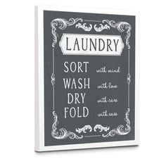 a black and white laundry sign with the words,'sort wash dry fold '