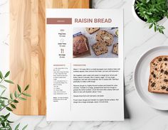 the recipe for raisin bread is displayed on a table