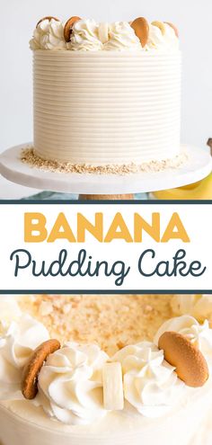 a banana pudding cake with white frosting and nuts on top