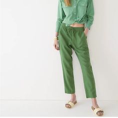 Jcrew New Seaside Linen Blend Pants Nwt Size Small Tall Utility Green New With Tags The Seaside Pants Are A Favorite Through The Years. They Have Been Updated Featuring Perfecting Pockets, Llinen Tencel Blend Fabric, And A Breezy Styling. This New Look Can Carry Into Fall. Elastic Waist With Embroidered Drawstring For Ease Of Dressing And Comfort. Flattering Straight Leg And Patch Pockets. Lightweight & Comfortable. Easy To Style For Everyday Wear. Color Is An Avocado Blue Green Cast. High Rise Green Cotton Pants For Daywear, Relaxed Spring Workwear Pants, Green Pants With Pockets For Daywear, Casual Green Pants For Daywear, Green Bottoms With Pockets For Daywear, Casual Pants With Straight Hem For Daywear, Relaxed Green Pants For Spring, Green Relaxed Fit Pants For Daywear, Relaxed Fit Green Pants For Daywear