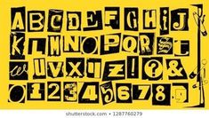 the alphabet is made up of letters and numbers in black on a yellow background with white border