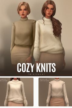 two women wearing sweaters and skirts with the text cozy knits written below them