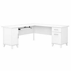 an office desk with two drawers and a file cabinet on one side, in white