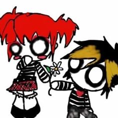 two cartoon girls with red hair and black pants are facing each other, one is holding her hand