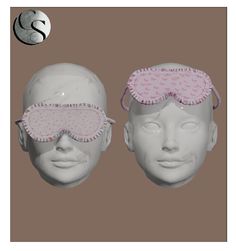 two white mannequin heads with pink eye glasses on top of each one and a silver ball in the background