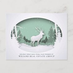 a card with an image of a deer in the woods