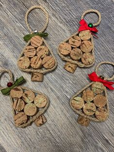 three ornaments made out of wine corks