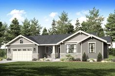 this is an artist's rendering of the front elevation of these ranch house plans