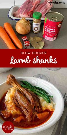 slow cooker lamb shanks with carrots, potatoes and green beans on the side