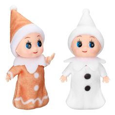 two small dolls are dressed up like snowmen